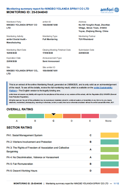 중국 Ningbo Yolanda Spray Co., Ltd. 인증